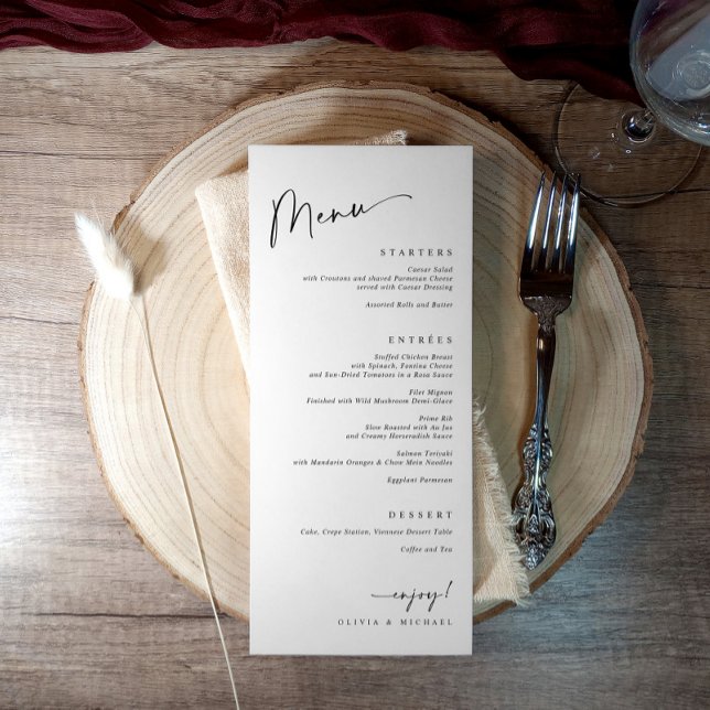 Menu Repas moderne de dîner de mariage noir et blanc (Modern minimalist black and white wedding menu with elegant script typography)