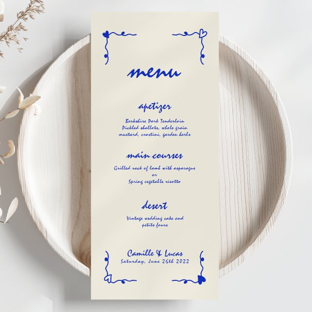 Menu Rétro à la main Whimsical Blue Mariage (Créateur téléchargé)