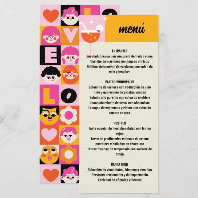 Menu Retro Amarillo y Rosa Estampado Geométrico Boda (Devant / Derrière)