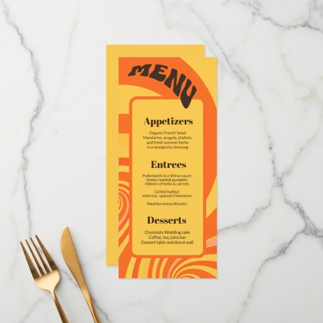 Menu Retro les années 70 Orange Jaune 3 cours Mariage M (Devant/Arrière en situation)