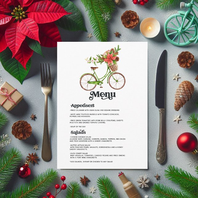 Menu Retro Poinsettia Vélos Mariage de Noël (Retro Poinsettia Bicycle Christmas Holiday Wedding Menu)