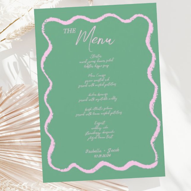 Menu Retro Squiggle rose et vert Mariage manuscrit (Créateur téléchargé)