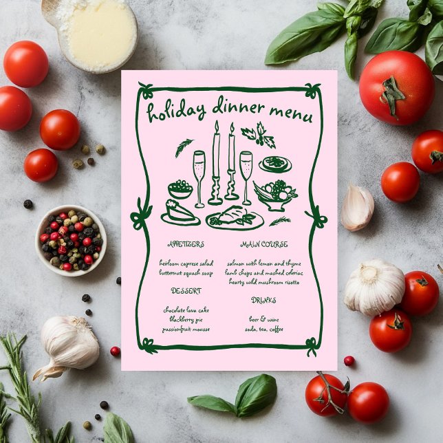 Menu Réunion de Noël Filleul Capriceuse (Whimsical Girly Christmas Holiday Dinner Party Menu Pink Green
)