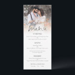 Menu Revêtement photo moderne Elégant Mariage de script<br><div class="desc">Menu Mariage Élégant De Script Revêtu De Photo Moderne. Une typographie informelle en noir pour le titre principal Menu complétant le reste du texte que vous pouvez facilement personnaliser. Remplacez l'exemple de photo par votre préféré.</div>