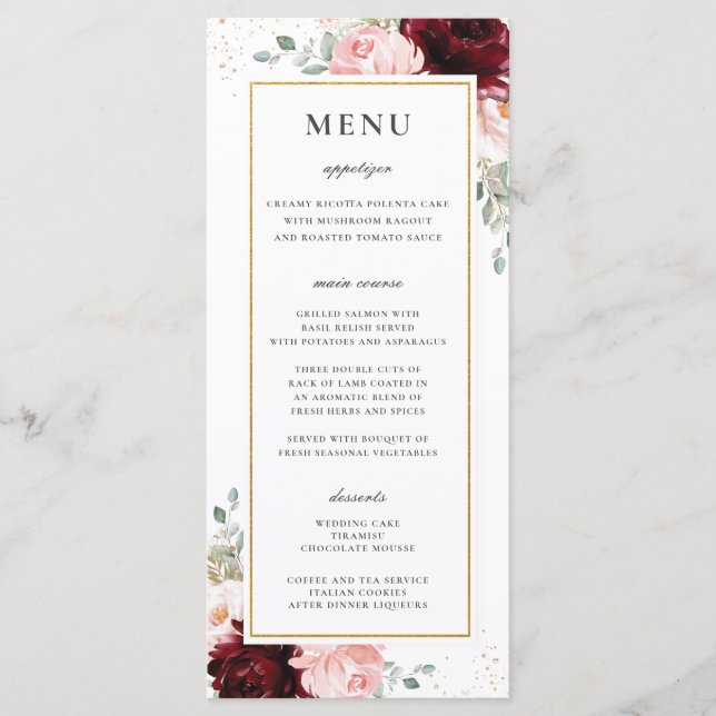 Menu riche rouge Bourgogne bleu rose rose Mariage (Devant)