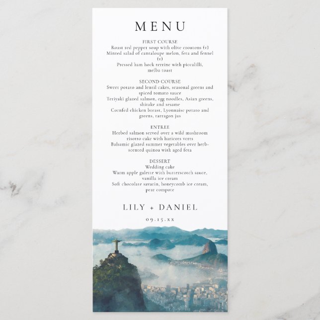 Menu Rio de Janeiro Skyline Watercolor Elegant Wedding (Devant)