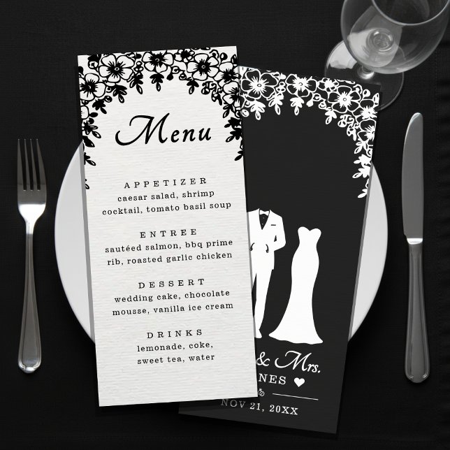 Menu Robe de mariée Mr & Mrs et smoking sous une arche  (Créateur téléchargé)