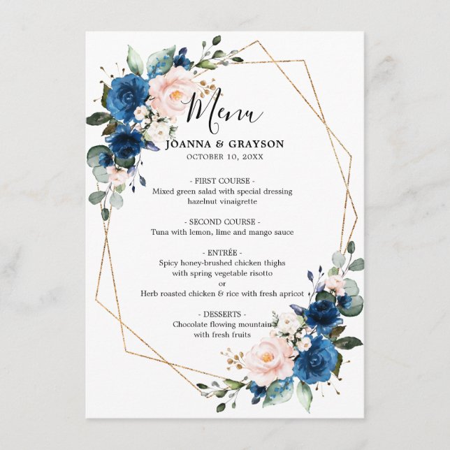 Menu Romantic Navy Blue Blush Rose Floral géométrique (Devant)