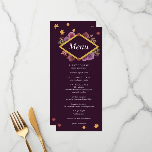 Menu Romantique Automne Dahlia Mariage (Devant/Arrière en situation)