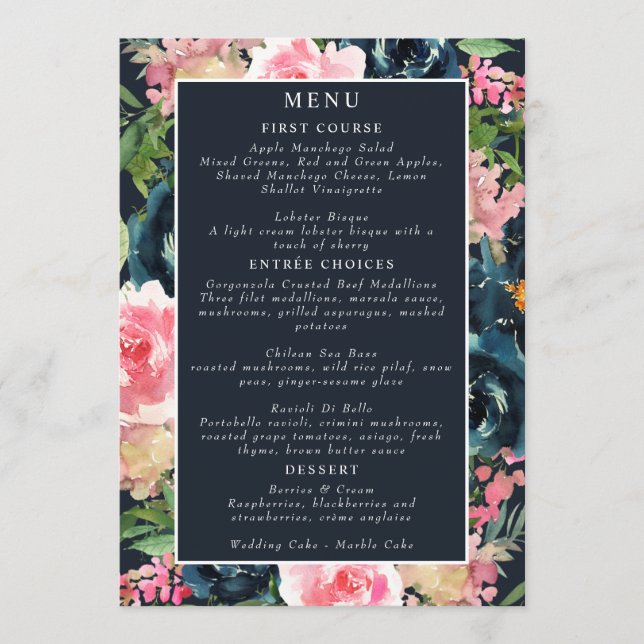 Menu Romantique Bleu Nuit Blush Rose Floral (Devant)