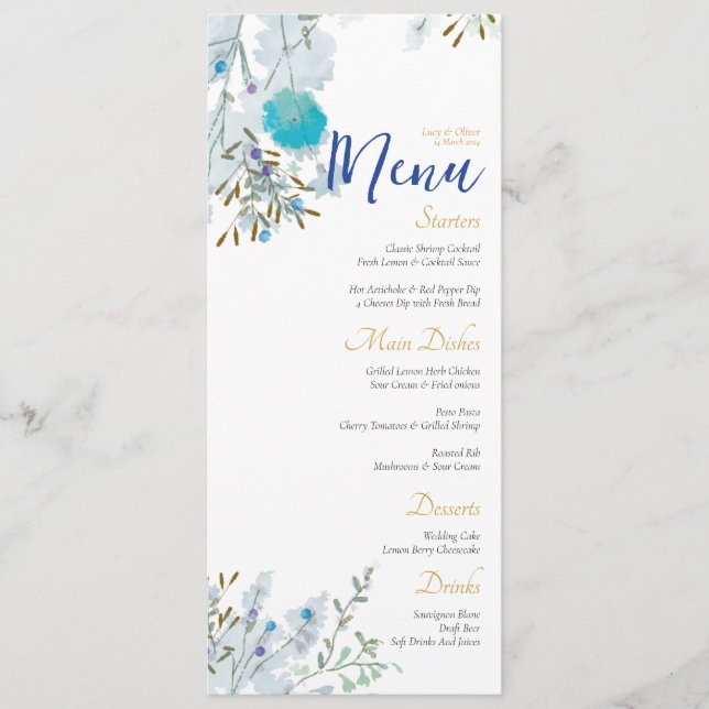 Menu Romantique, Bleu & Or, Mariage floral (Devant)