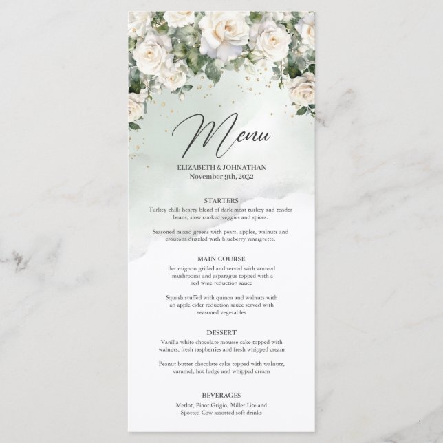 Menu Romantique boho roses blanches et dîner vert or (Devant)