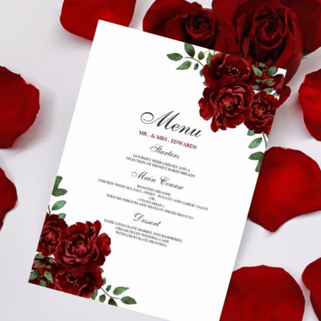 Menu Romantique Bourgogne Rouge Rose Mariage (Créateur téléchargé)