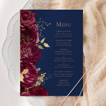 Menu Romantique Burgundy Gold Navy Mariage floral bleu<br><div class="desc">Cet élégant menu mariage moderne présente une bordure de fleurs bordeaux et de feuilles de faux feuille d'or. Customisez le texte italique de couleur or sur un arrière - plan bleu marine. L'arrière du menu est bleu marine.</div>