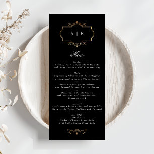 Menu romantique noir blanc classique or monogramme mari