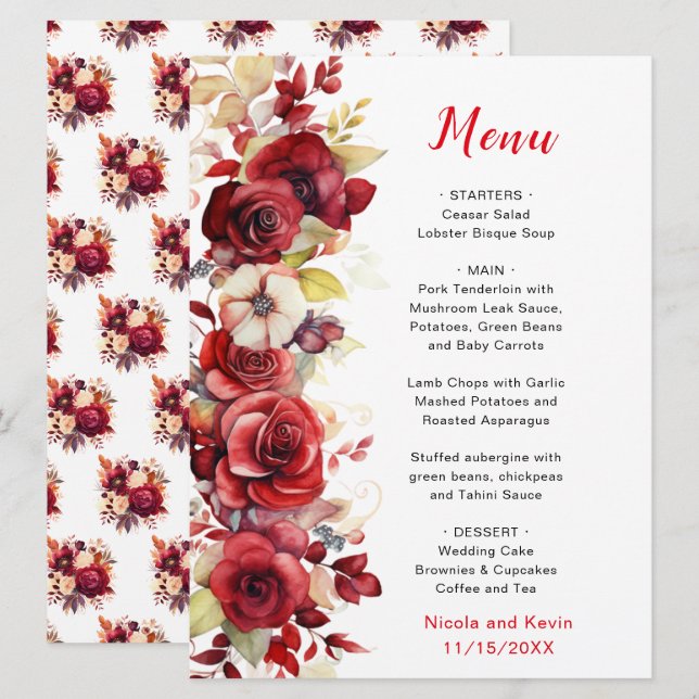 Menu Romantique Roses Rouges Mariage Floral (Devant / Derrière)