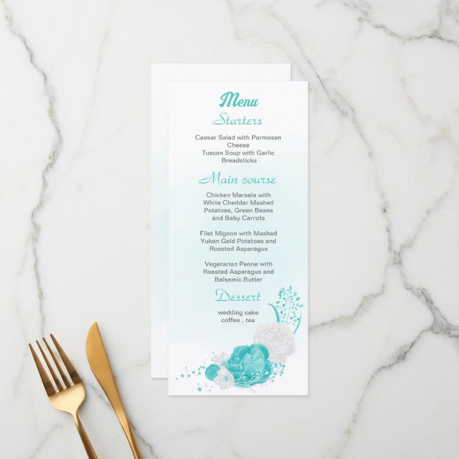 Menu Romantique turquoise mariage blanc floral (Devant/Arrière en situation)