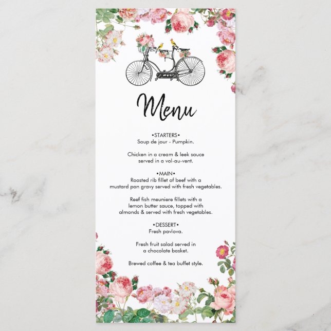 Menu Romantique Vintage Vélo Fleurs & Oiseaux Mariage (Devant)