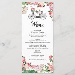 Menu Romantique Vintage Vélo Fleurs & Oiseaux Mariage