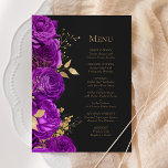 Menu Romantique violet or foncé Mariage floral<br><div class="desc">Cet élégant menu mariage moderne comprend une bordure de fleurs violettes et de feuilles de faux feuille d'or. Customisez le texte italique de couleur or sur un arrière - plan noir en ardoise foncée. L'arrière du menu est en ardoise noire.</div>
