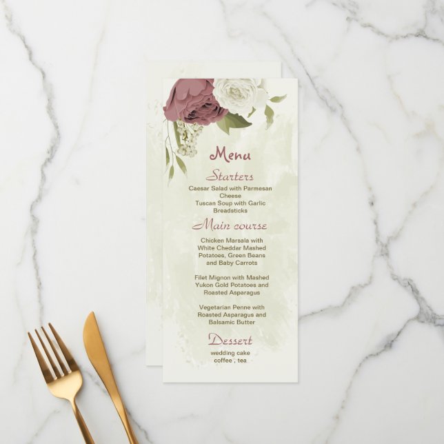 Menu rose blanc poussiéreux fleurs mariage botanique (Devant/Arrière en situation)