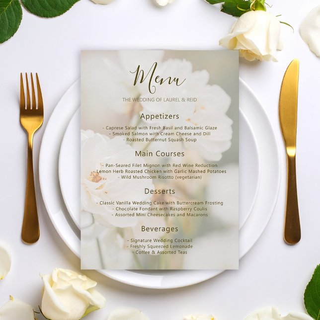 Menu Rose blanche délavée Fleurie Photo Mariage romanti (Please note: This image is a digital mockup. The product may not be in scale.)