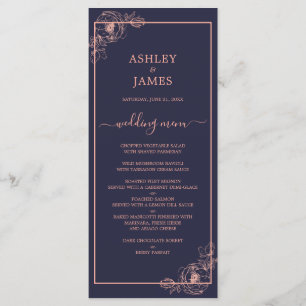 Menu Rose bleu Chic Marine Gold Floral Outline Mariage