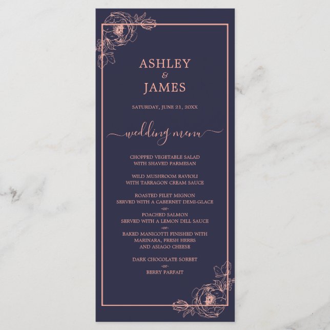 Menu Rose bleu Chic Marine Gold Floral Outline Mariage (Devant)