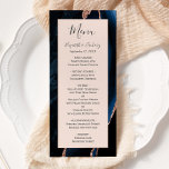 Menu Rose bleu de la marine moderne Gold Agate Mariage<br><div class="desc">Cet élégant menu mariage moderne comprend un arrière - plan d'agate bleu marine couleur aquarelle orné d'une parties scintillant rose en faux or. Le texte apparaît dans une élégante écriture manuscrite gris fusain et des polices de cuivre sur un rectangle rose vif. La conception de l'agate est répétée à l'envers....</div>