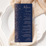 Menu Rose bleu de la marine moderne Parties scintillant<br><div class="desc">Le bord gauche de cet élégant menu mariage moderne présente un design rose en faux parties scintillant doré. Le texte personnalisable combine écriture rose rose,  cuivre et italique sur un arrière - plan bleu marine. L'envers présente une parties scintillant en or bleu marine et rose assortie.</div>