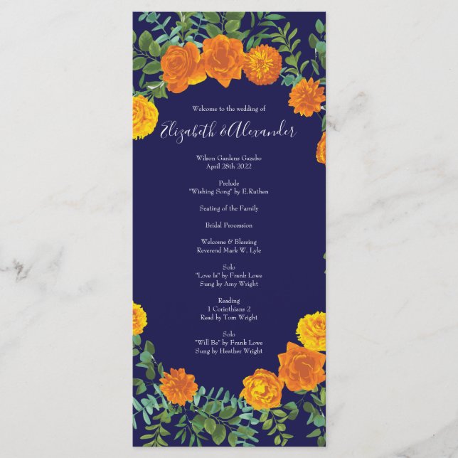 Menu Rose bleu et orange Floral Mariage moderne (Devant)