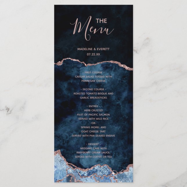 Menu Rose bleu marine Gold Foil Agate Marbre Mariage Me (Devant)