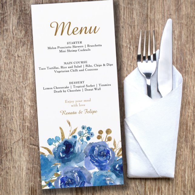 Menu Rose Bleue et Feuille d'Or Modifiable 3 Services (Créateur téléchargé)
