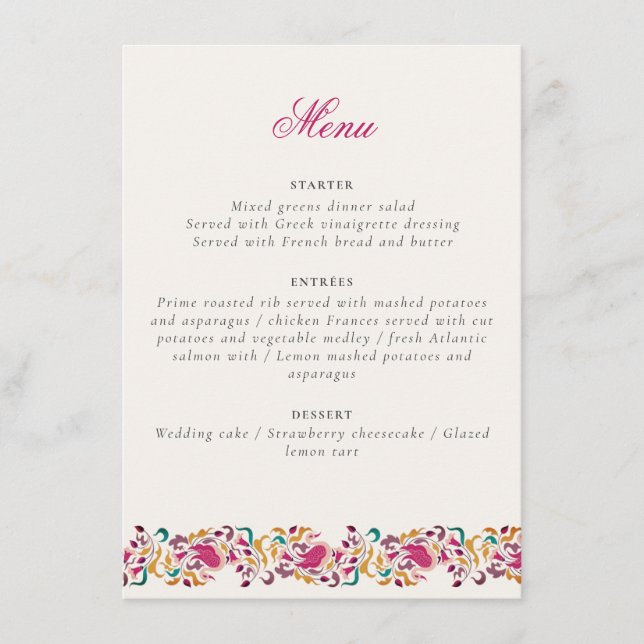 Menu Rose Classique Verte Jaune Floral Cygne Oiseau Mar (Devant)