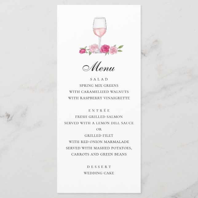 Menu Rose. Élégant mariage rose floral. Verre de vin (Devant)