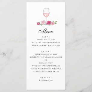 Menu Rose. Élégant mariage rose floral. Verre de vin