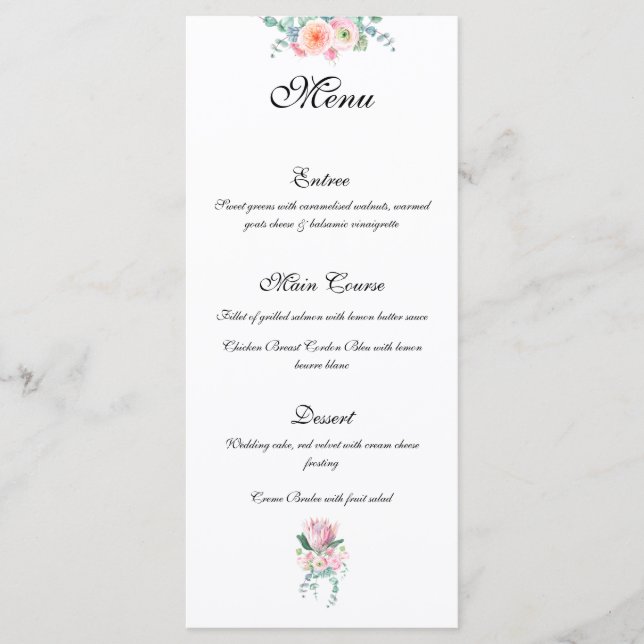 Menu Rose en aquarelle Protéa roi Élégant mariage (Devant)