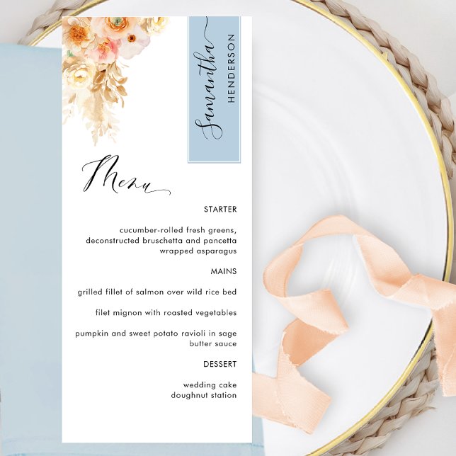 Menu Rose et pêche personnalisé avec le nom de l'invité (Créateur téléchargé)