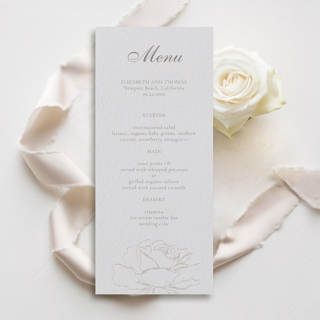 Menu Rose Faux Embossés Mariage classique ivoire (formal wedding menu card traditional faux embossed roses floral ivory modern classic narrow)