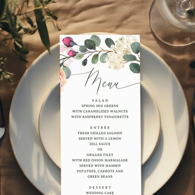 Menu Rose & feuillage à l'aquarelle élégante. Mariage f (Créateur téléchargé)