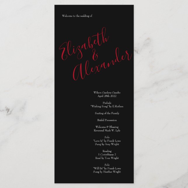 Menu Rose Floral Black et Red Peony Mariage (Devant)