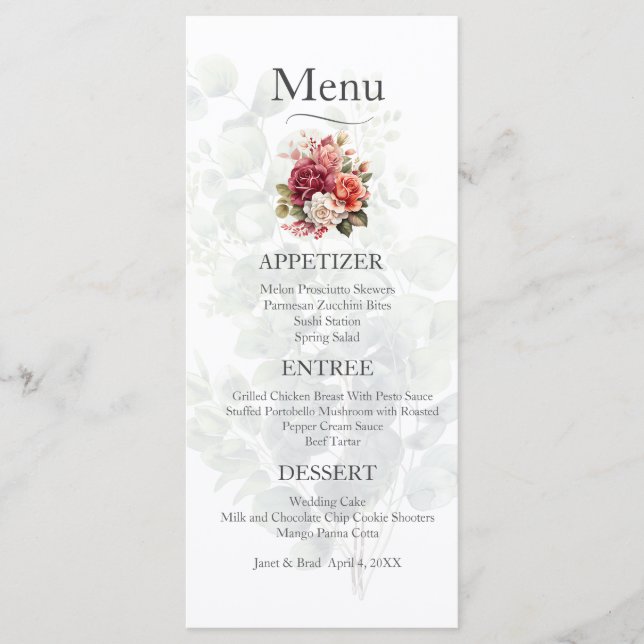 Menu rose Floral Eucalyptus Mariage (Devant)