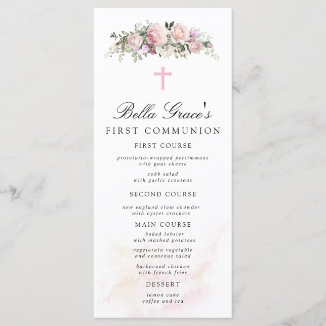 Menu rose Floral First Communion (Devant)