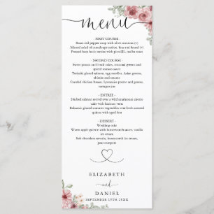 Menu Rose Floral Heart Script Dîner Mariage