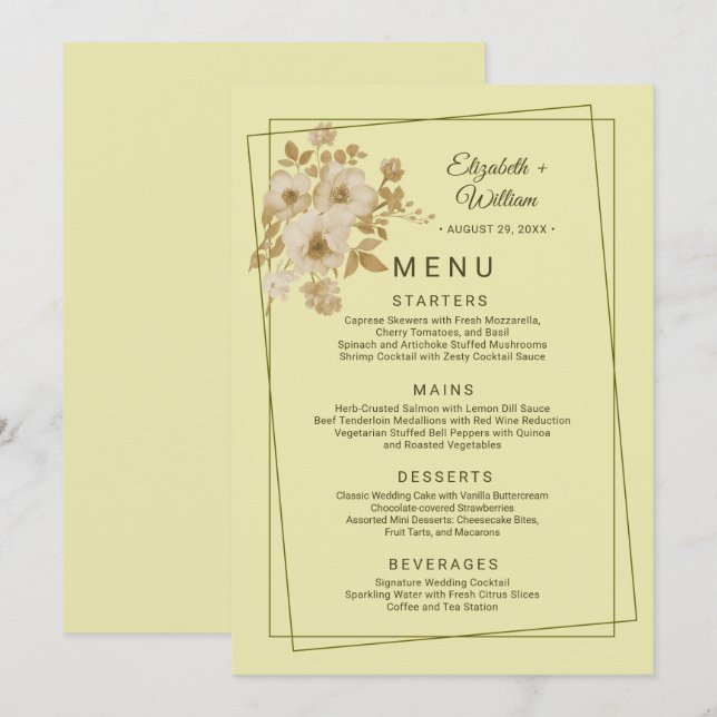 Menu Rose Frame – Celestial Yellow Wedding (Devant / Derrière)