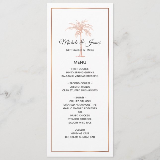 Menu Rose Gold Cuivre Palmier Mariage Blanc Marbre (Devant)