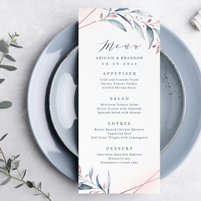 Menu Rose Gold Dusty Blue Greenery Mariage géométrique (Rose Gold Dusty Blue Greenery Geometric Wedding Menu)