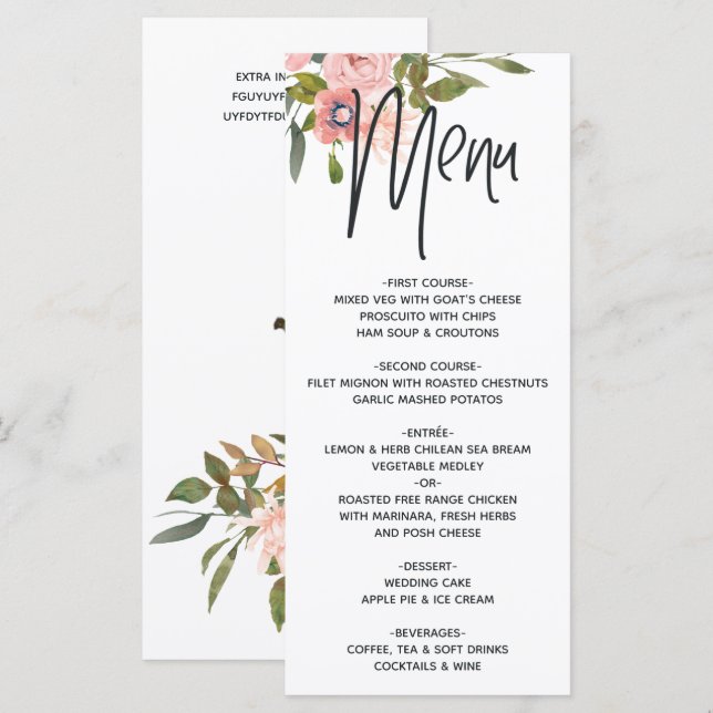 Menu Rose Gold et Floral Blush (Devant / Derrière)