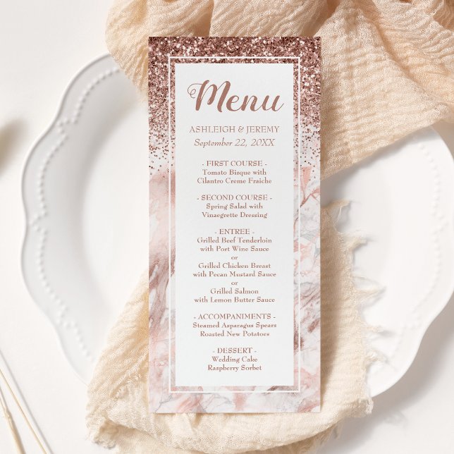 Menu Rose Gold Faux Parties scintillant Marbre Script M (Créateur téléchargé)