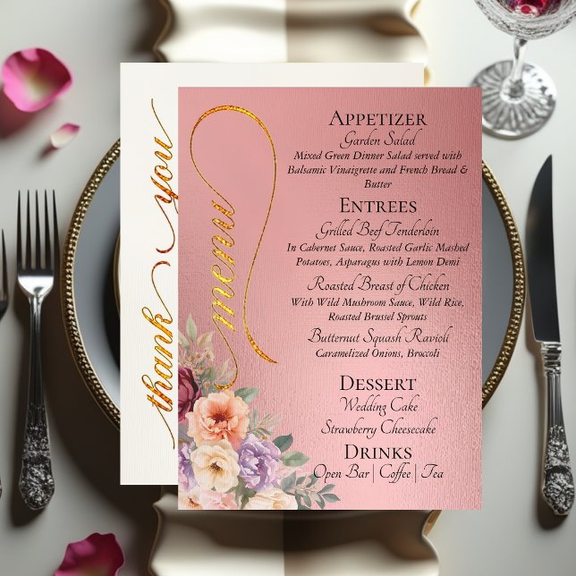 Menu Rose Gold - Fleurs sauvages, Monogramme et Merci (Créateur téléchargé)